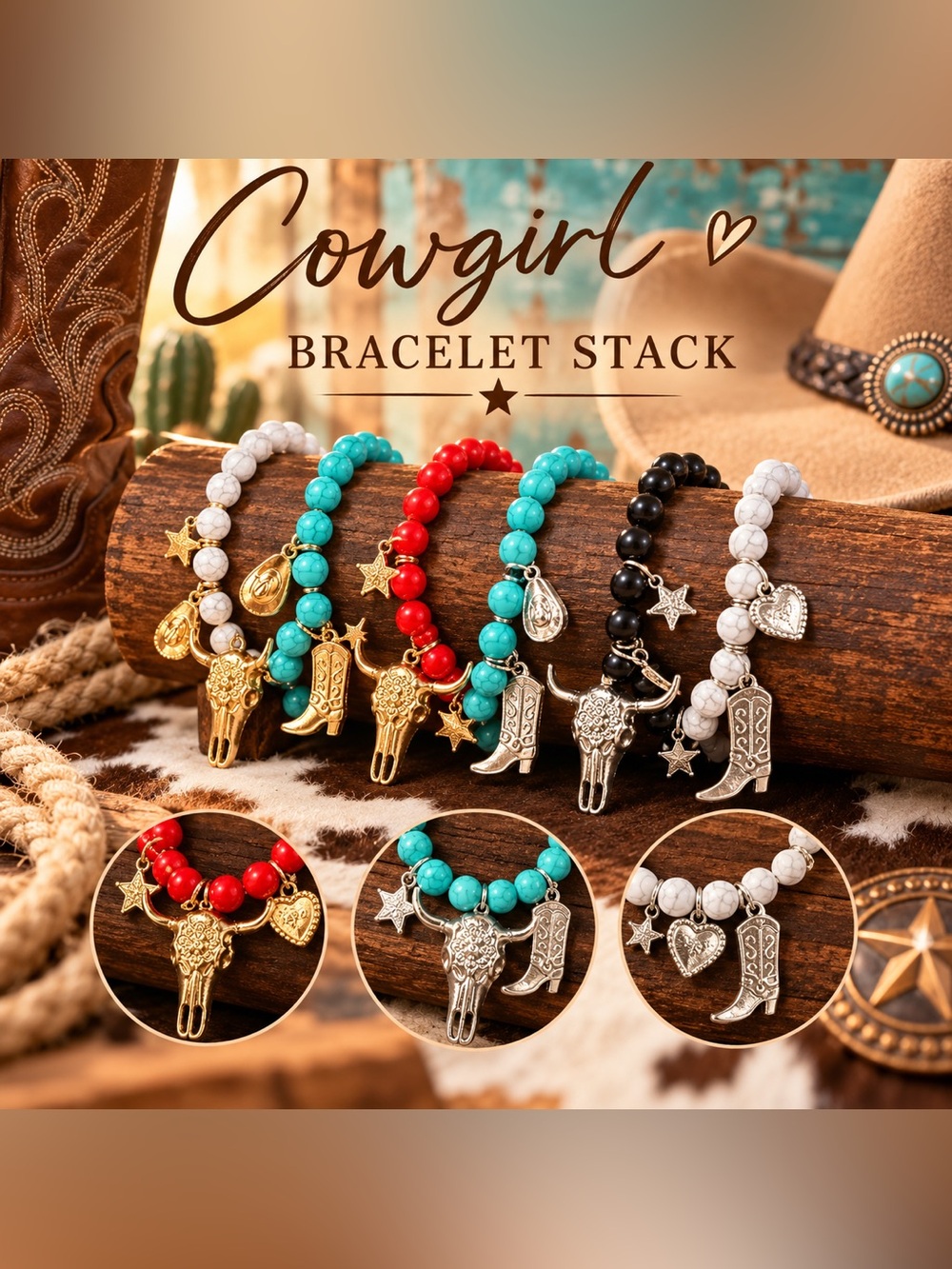 8pc Cowgirl Western Bracelet Stack Turquoise Red Black White Cowboy Charm
